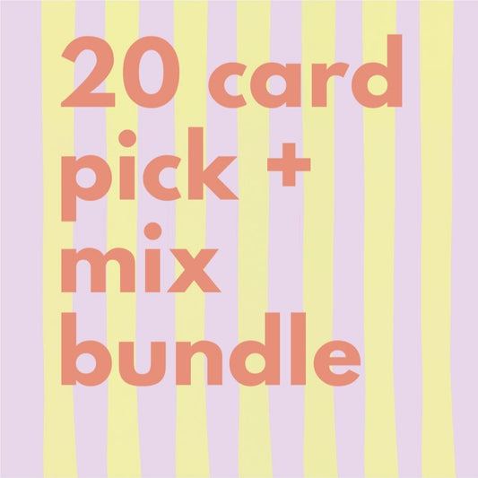 Packaging for a '20 card pick mix bundle' with pink text on a striped background
