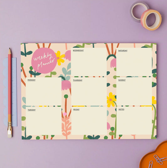 An A4 weekly planner pad with a floral  posy pattern, days of the week sections to plan each day and a blank section to make notes. 52 pages, made in Britain.