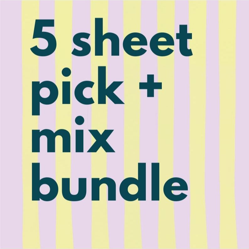Text '5 sheet pick + mix bundle' on a striped background with purple and yellow stripes.