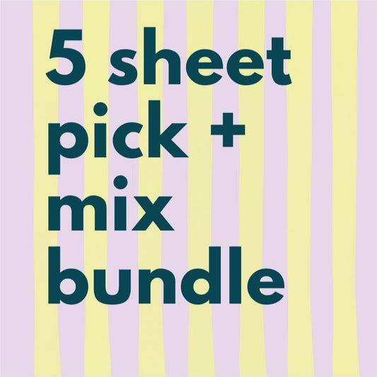 Text '5 sheet pick + mix bundle' on a striped background with purple and yellow stripes.