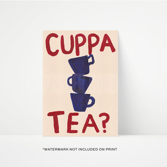 Print with 'Cuppa Tea?' text and blue teacups on