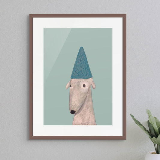 print of dog wearing a party hat.