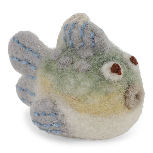 Handcrafted felted bird decoration grey and green on a white background