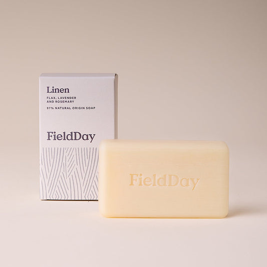 FieldDay linen soap bar and packaging on a beige background