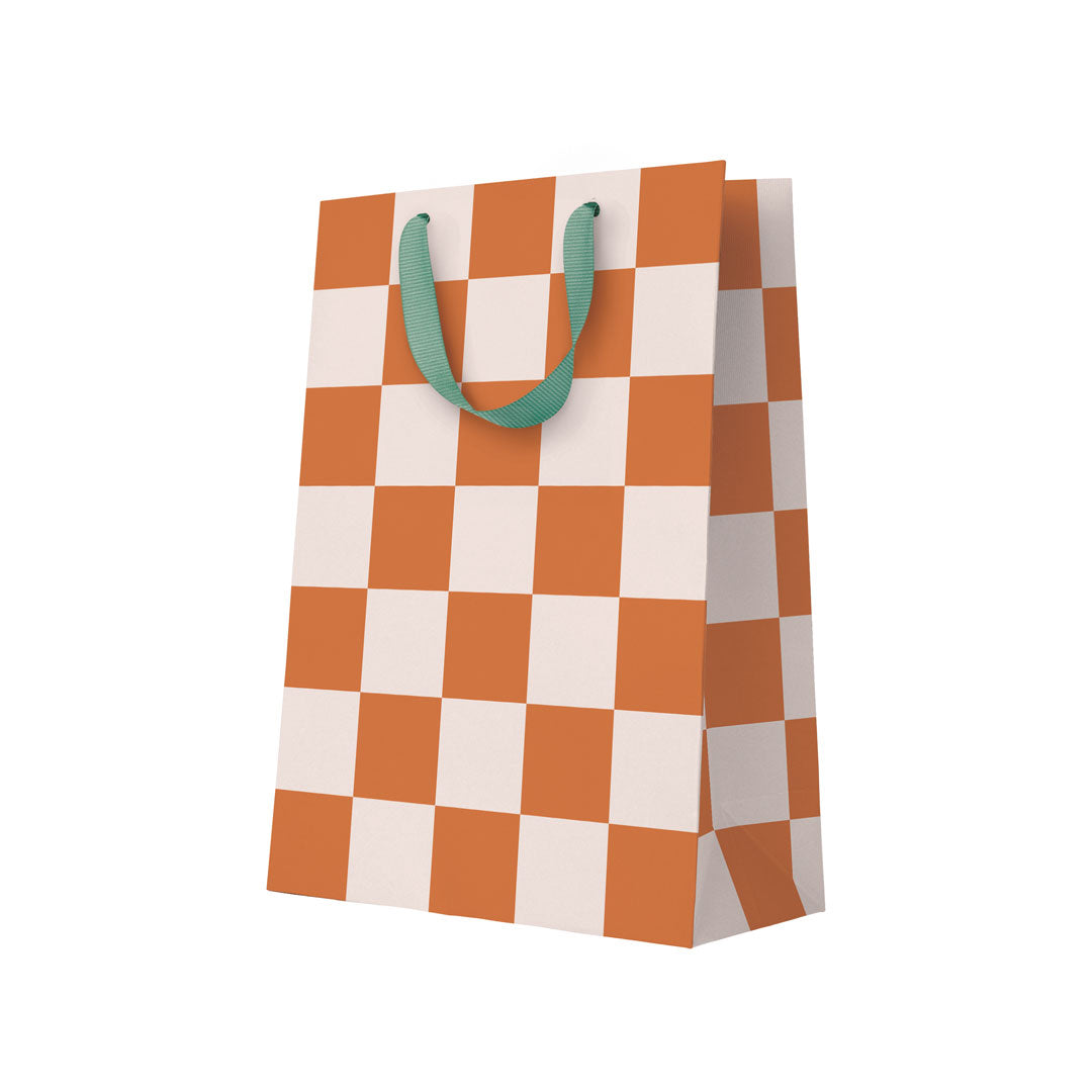 Checkered paper bag with green handles on a white background