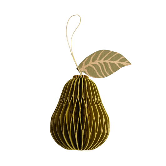 Decorative paper pear ornament with a leaf on a white background