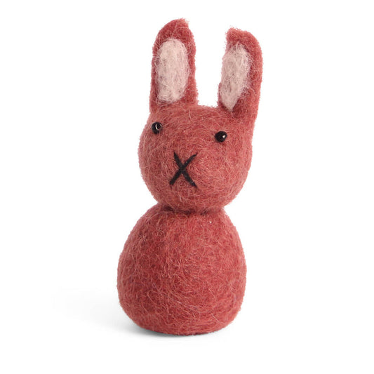 Dark rose felted bunny decoration on a white background