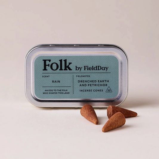 Folk by Field Day incense cones packaging with cones on a light background