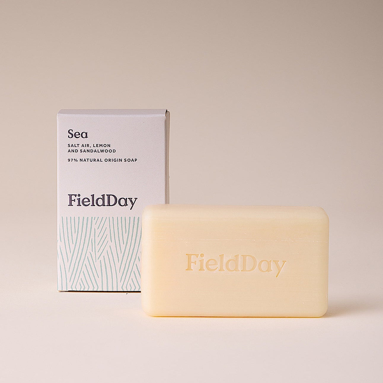 FieldDay sea soap bar and packaging on a beige background