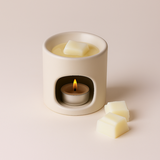 Ceramic wax warmer with a lit candle inside on a beige background