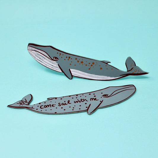 Heritage Blue whale bookmark made from leather wording on opposite side says come sail with me