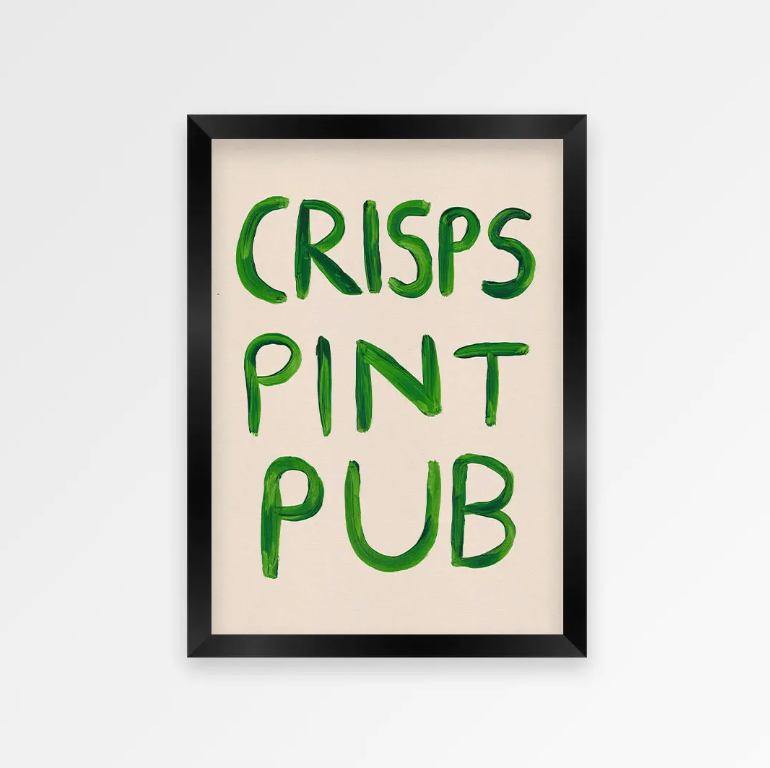 Framed artwork with 'CRISPS PINT PUB' text in green on a beige background