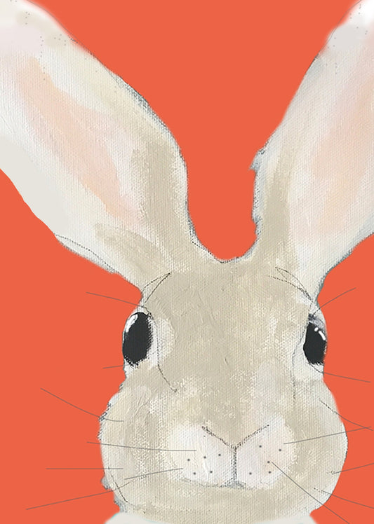 Illustration of a rabbit's face on a red background