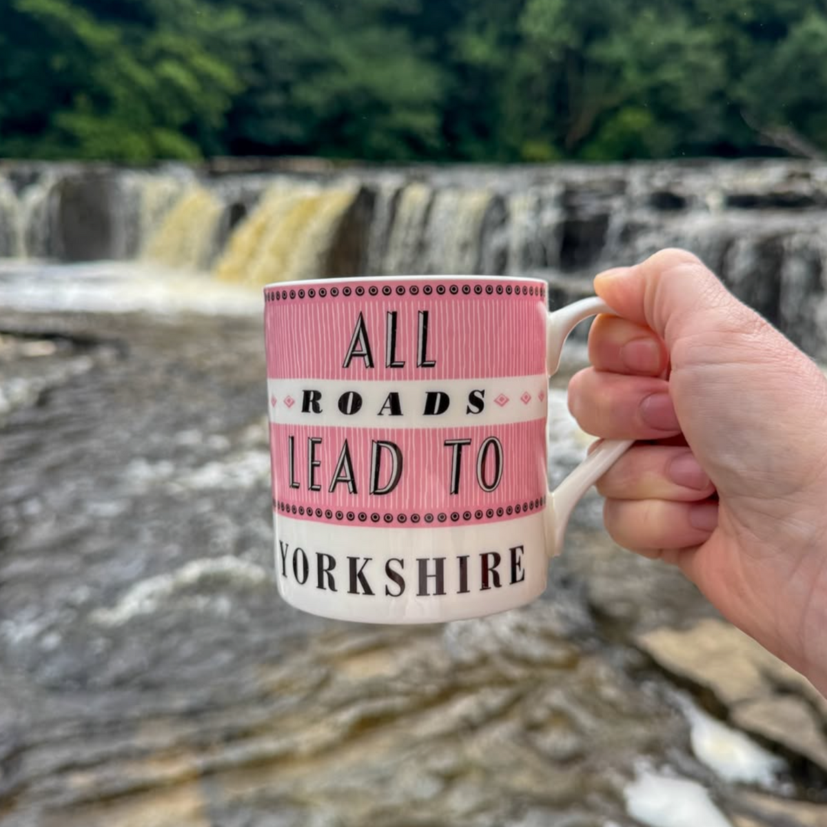 A hand holds a white ceramic mug with pink and black text reading 'ALL ROADS LEAD TO YORKSHIRE' in front of Aysgarth Falls waterfall and forest background.
