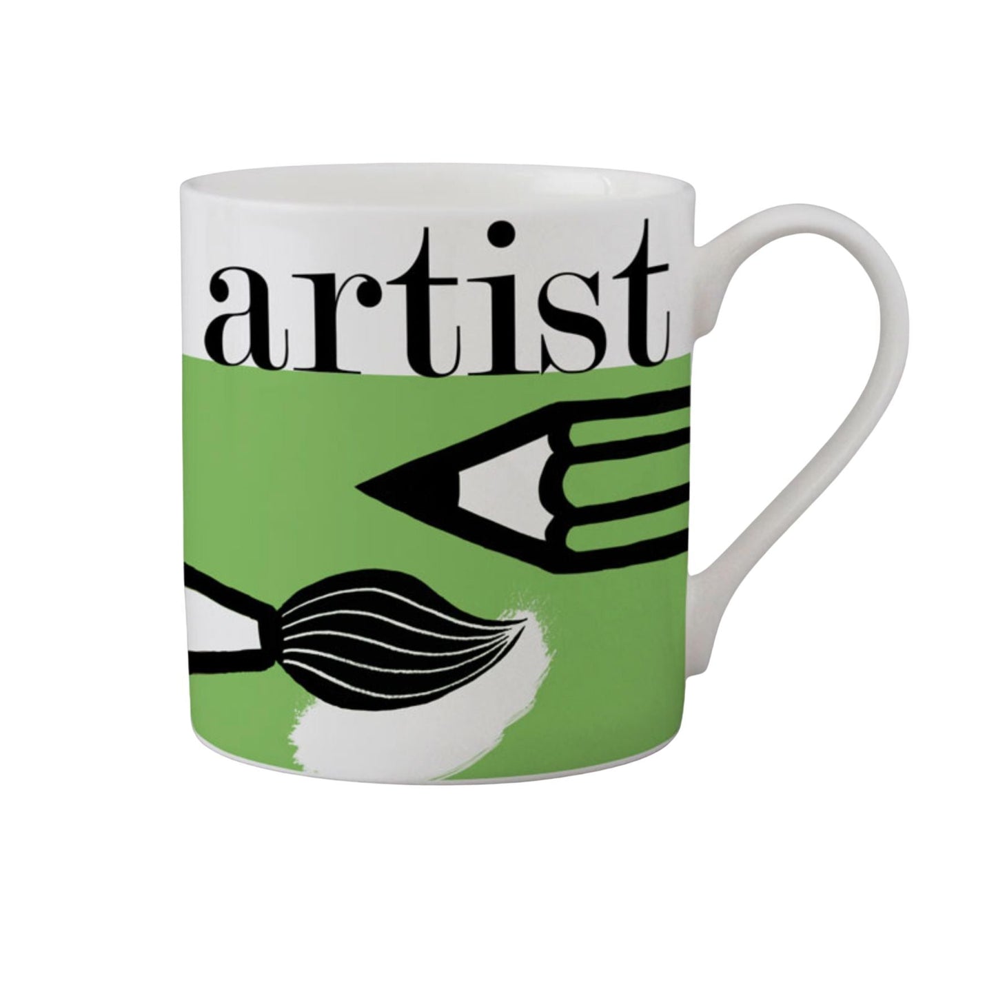 A white ceramic mug featuring a green graphic design with the word 'artist' in black, alongside a pencil and paintbrush illustration.