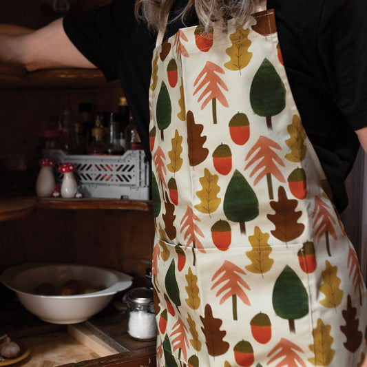 autumnal adult cotton apron featuring acorns and leaves