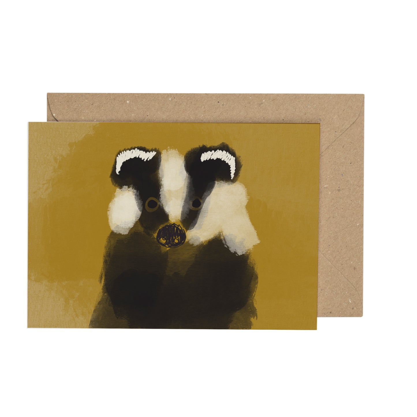 Greeting card with a badger illustration on a mustard background, featuring a brown envelope.