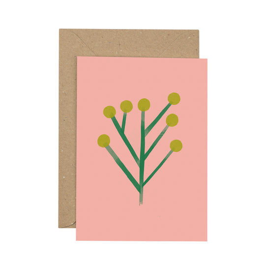 Greeting card with festive berry green floral design on pink background