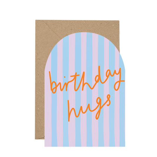 Greeting card with 'birthday hugs' text on a striped background