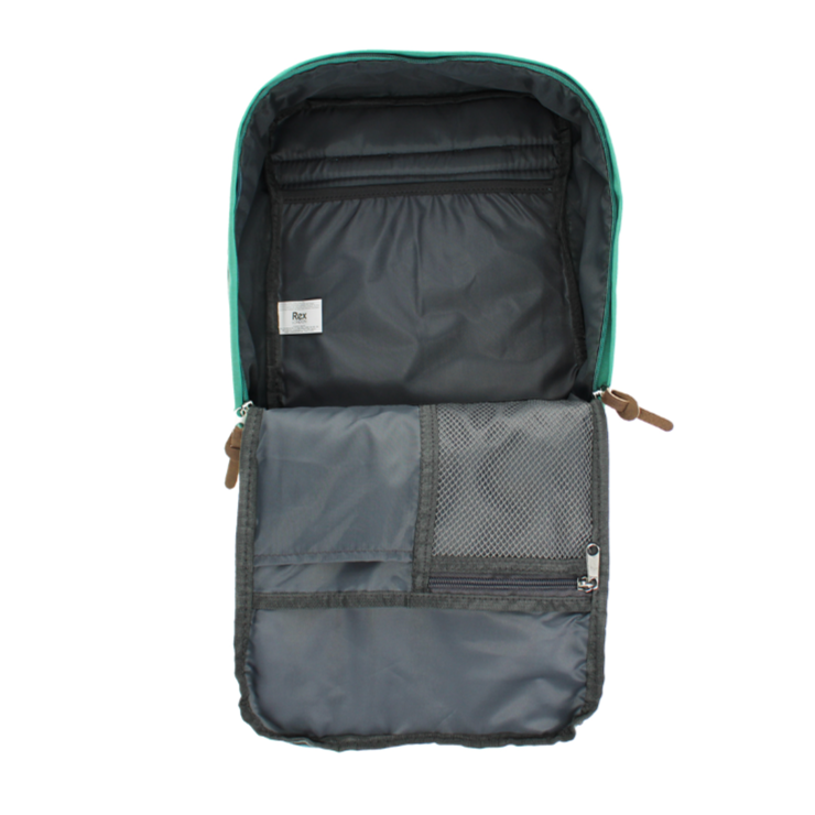 Backpack with open compartments on a white background