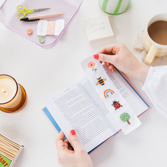 Bookmark cross stitch kit features flower bee rainbow ladybird tree