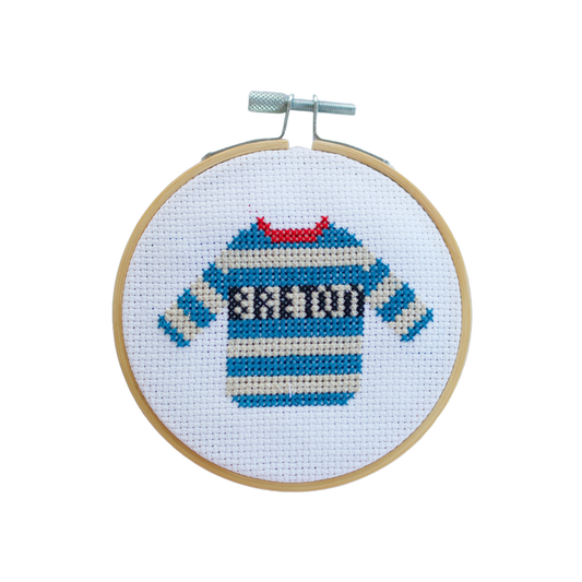 Breton stripe t-shirt cross stitch kit in wooden hoop