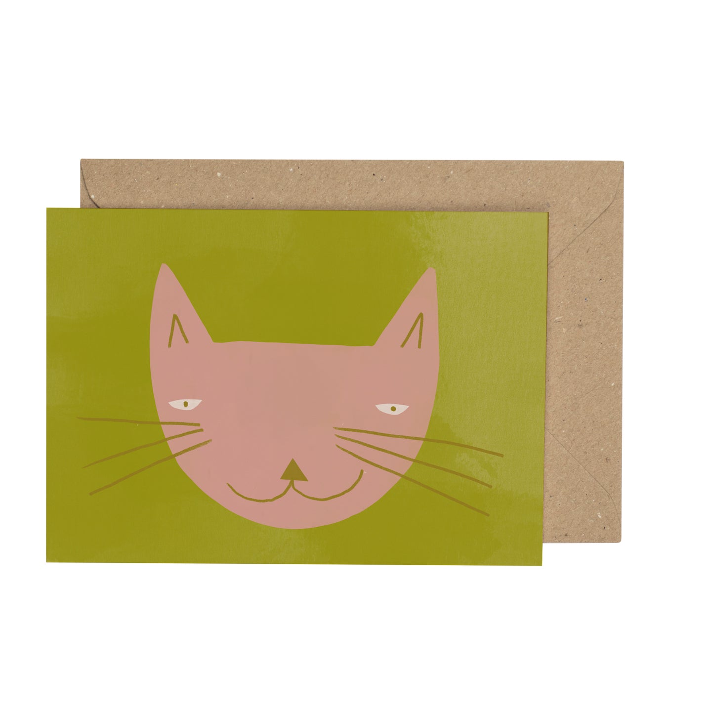 Card with a pink cat face on a green background, featuring a brown envelope.