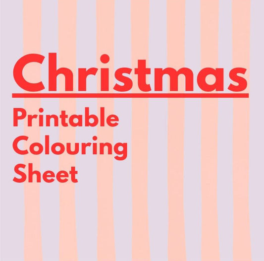 Text 'Christmas Printable Colouring Sheet' on a striped background
