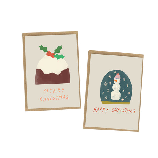 Two Christmas-themed greeting cards with a pudding and snowman design on a white background.