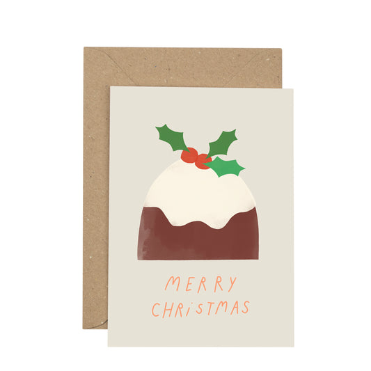 Christmas card with a festive pudding design and 'Merry Christmas' text, featuring a brown envelope.