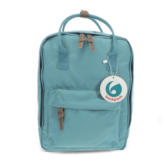 Light blue backpack with a visible brand tag on a white background