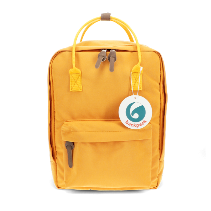 Yellow backpack with a visible brand tag on a white background