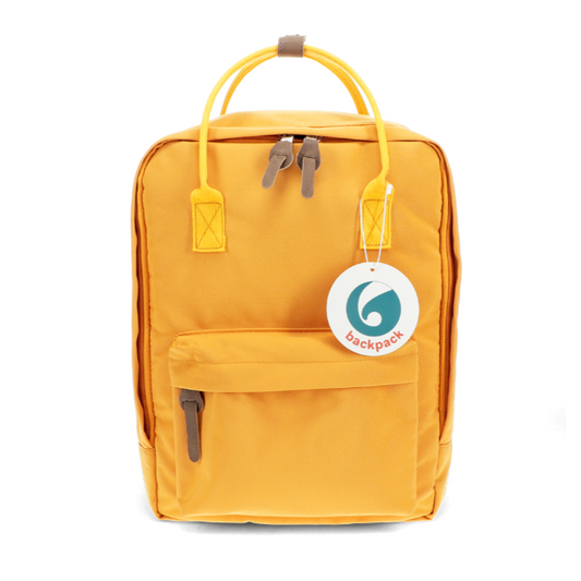 Yellow backpack with a visible brand tag on a white background