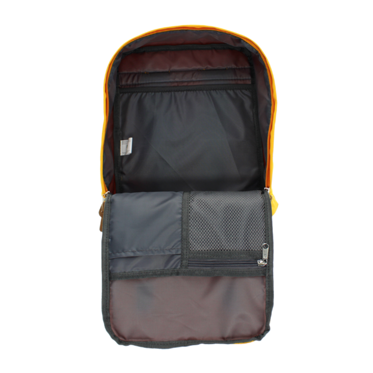 Open backpack showing interior compartments on a white background