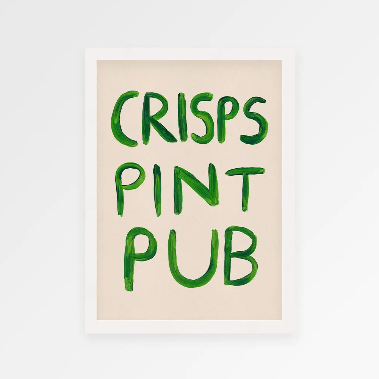 Poster with 'CRISPS PINT PUB' text in green on a beige background