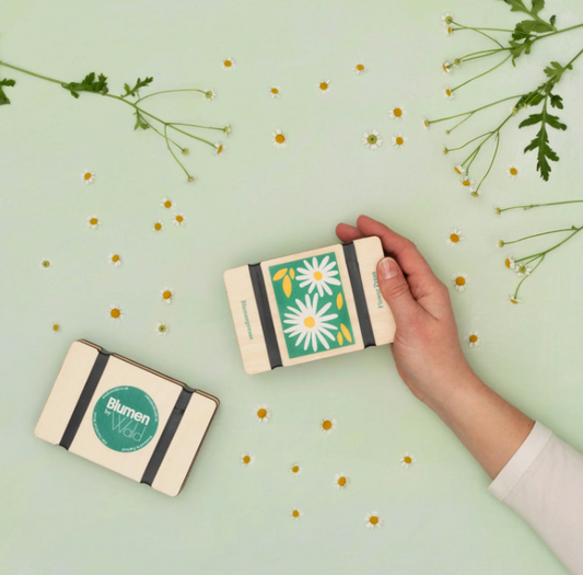 Hand holding a small flower press with floral design on a light green background with flowers and dots.
