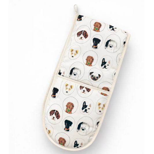Oven mitt and pot holder with dog pattern on a white background