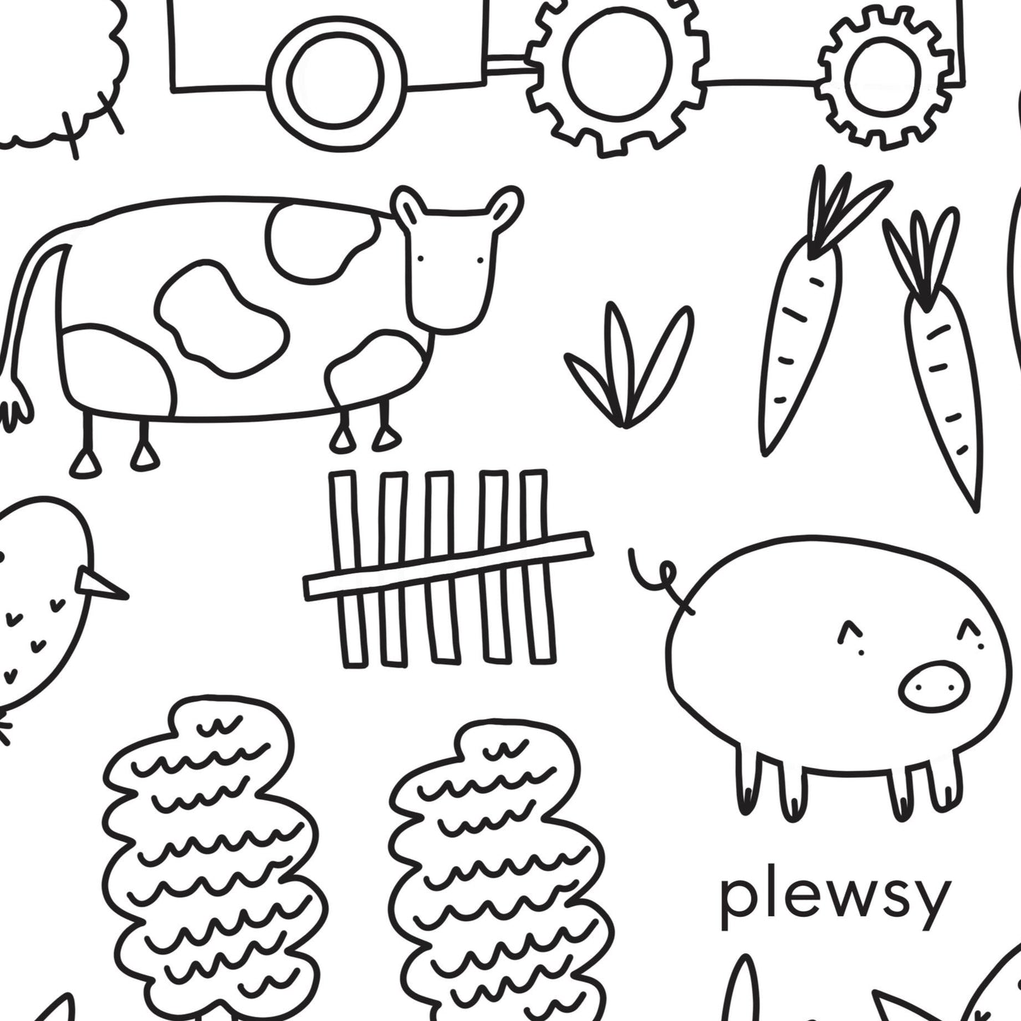 Black and white illustration of farm animals and objects with 'plewsy' branding.