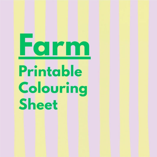 Farm printable colouring sheet with green text on a striped background