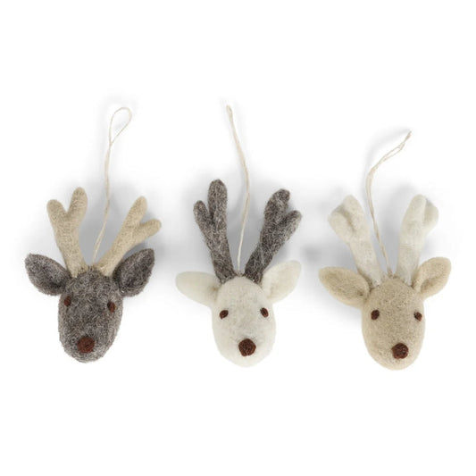Three felt reindeer ornaments on a white background
