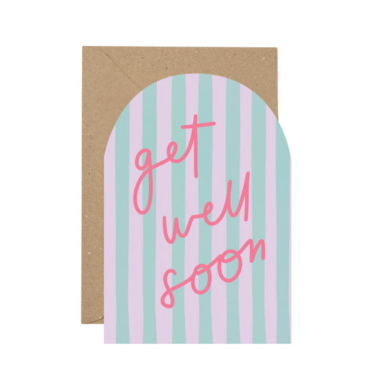 Greeting card with 'get well soon' text on a striped background