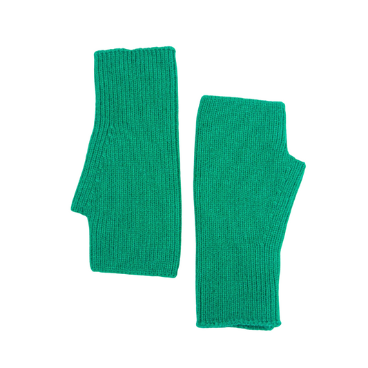 A pair of bright green ribbed knit fingerless gloves or wrist warmers, displayed flat against a solid white background.