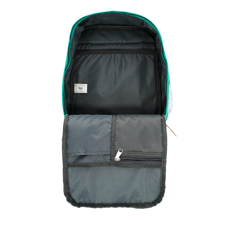 Backpack with a visible brand label on a white background