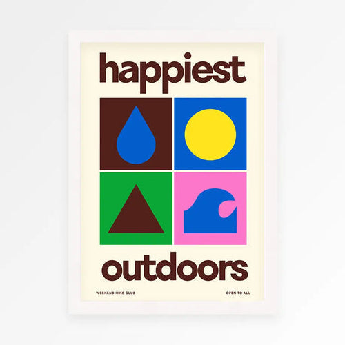 A3 Print with 'happiest outdoors' text and colorful geometric shapes