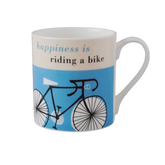 A white ceramic coffee mug featuring a blue band with a black bicycle illustration and the text 'happiness is riding a bike' in blue and black lettering.