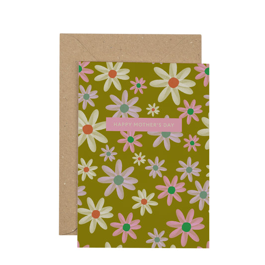 Greeting card with floral pattern and 'Happy Mother's Day' text on a white background