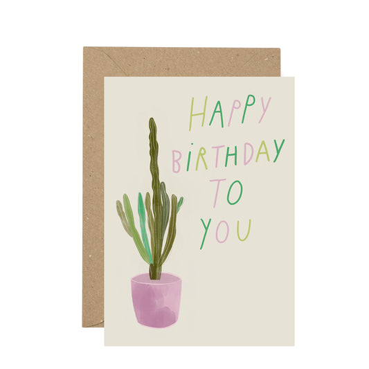 Birthday card with a cactus illustration and 'Happy Birthday To You' text on a white background.