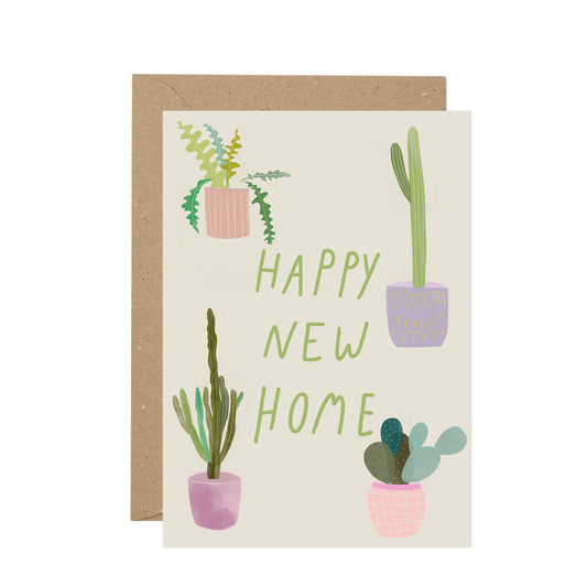 Greeting card with cactus illustrations and 'Happy New Home' text on a beige background.