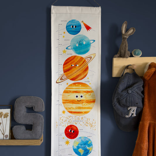Fabric childrens growth chart with solar system design in bright colours
