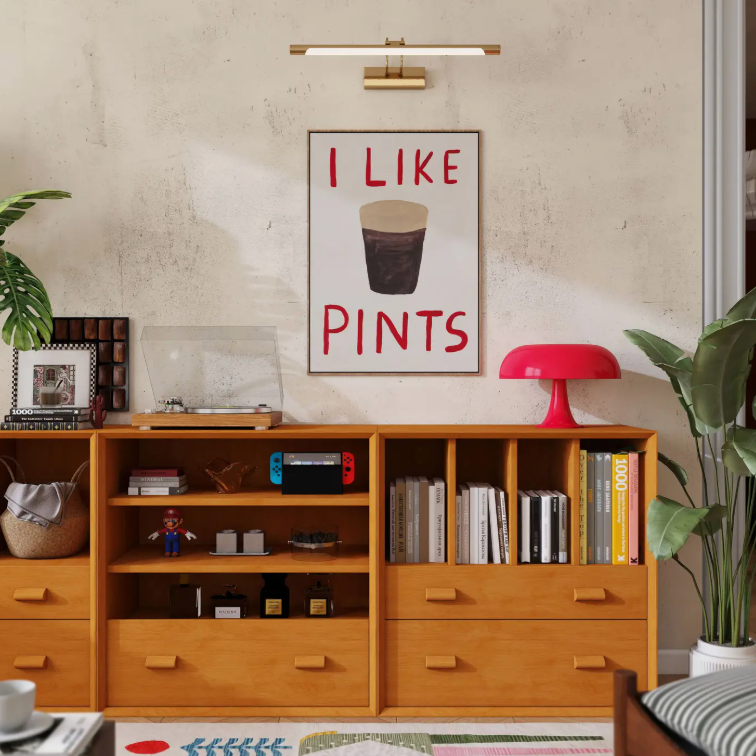 Wooden bookshelf with decorative items in a room with a 'I Like Pints' poster on the wall.